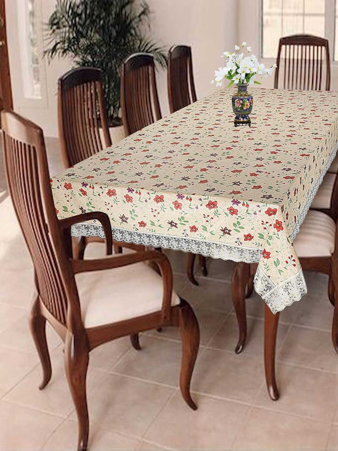 

Homerz Beige & Red Floral Rectangle 6-Seater Table Cover