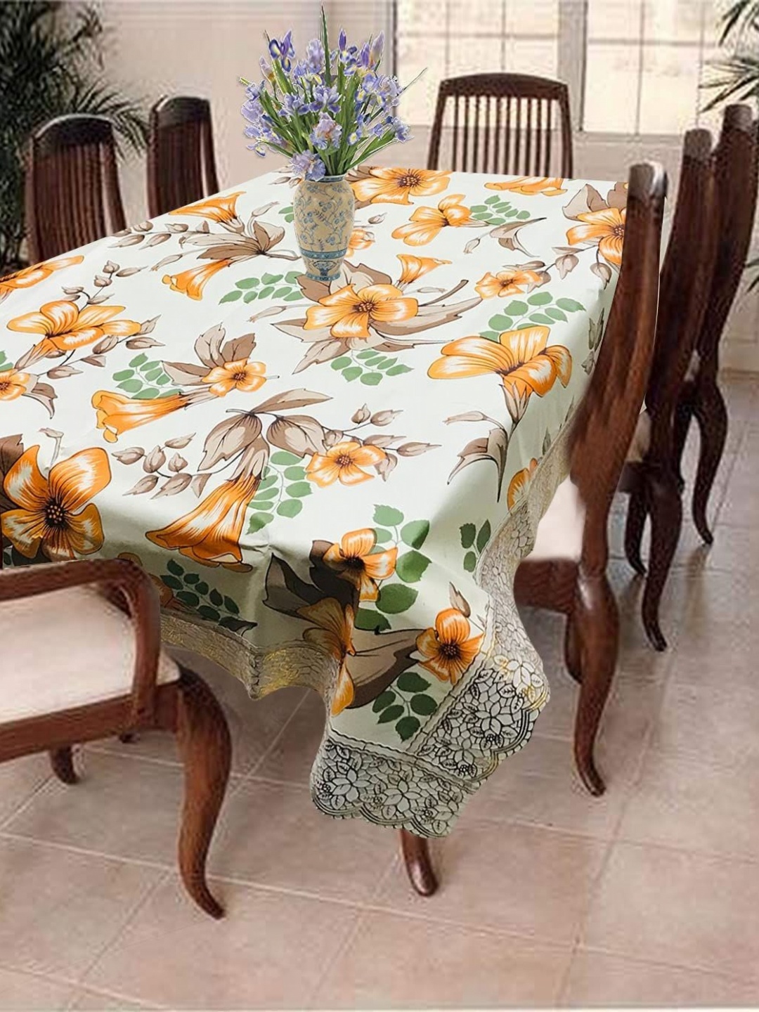 

Homerz White Floral Plastic 6-Seater Table Cover