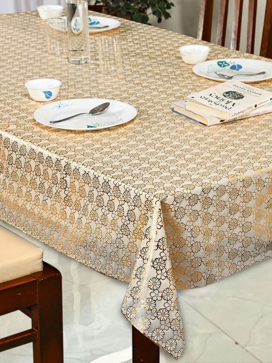 

Homerz Gold-Toned Floral Plastic 6-Seater Table Cover