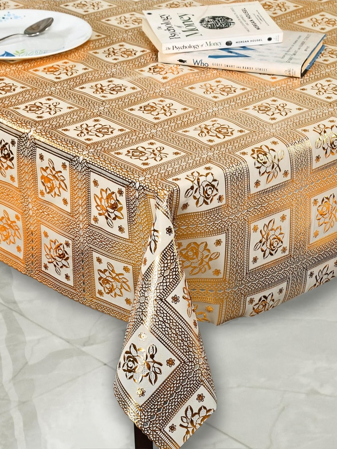 

Homerz Gold-Toned Floral 6-Seater Table Cover