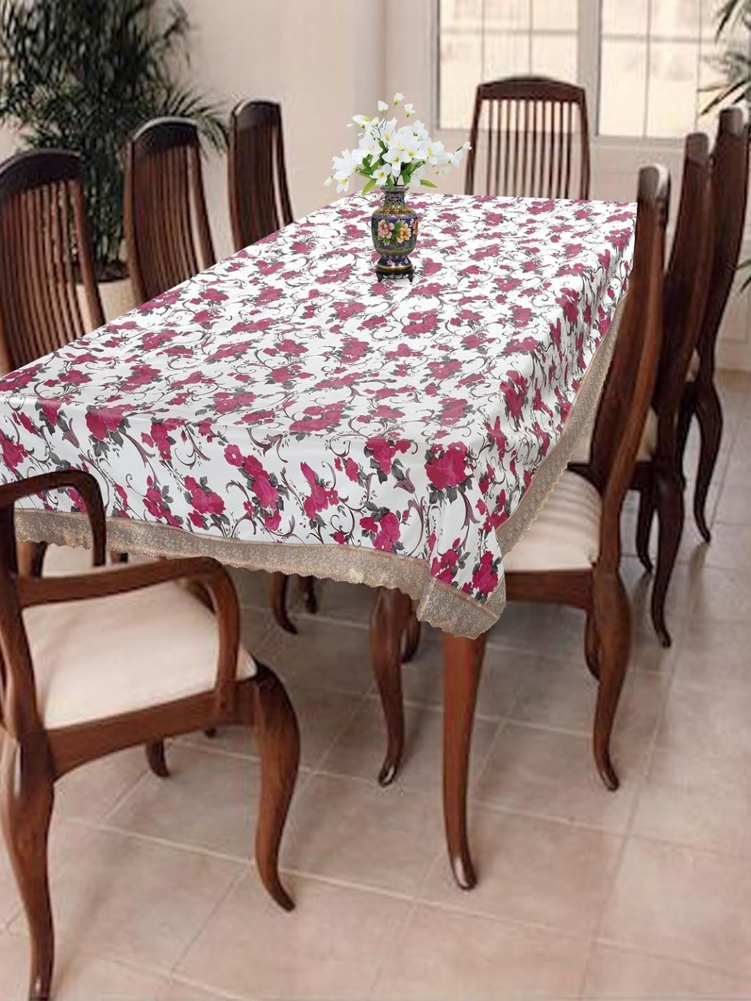 

Homerz White Floral 6-Seater Table Cover