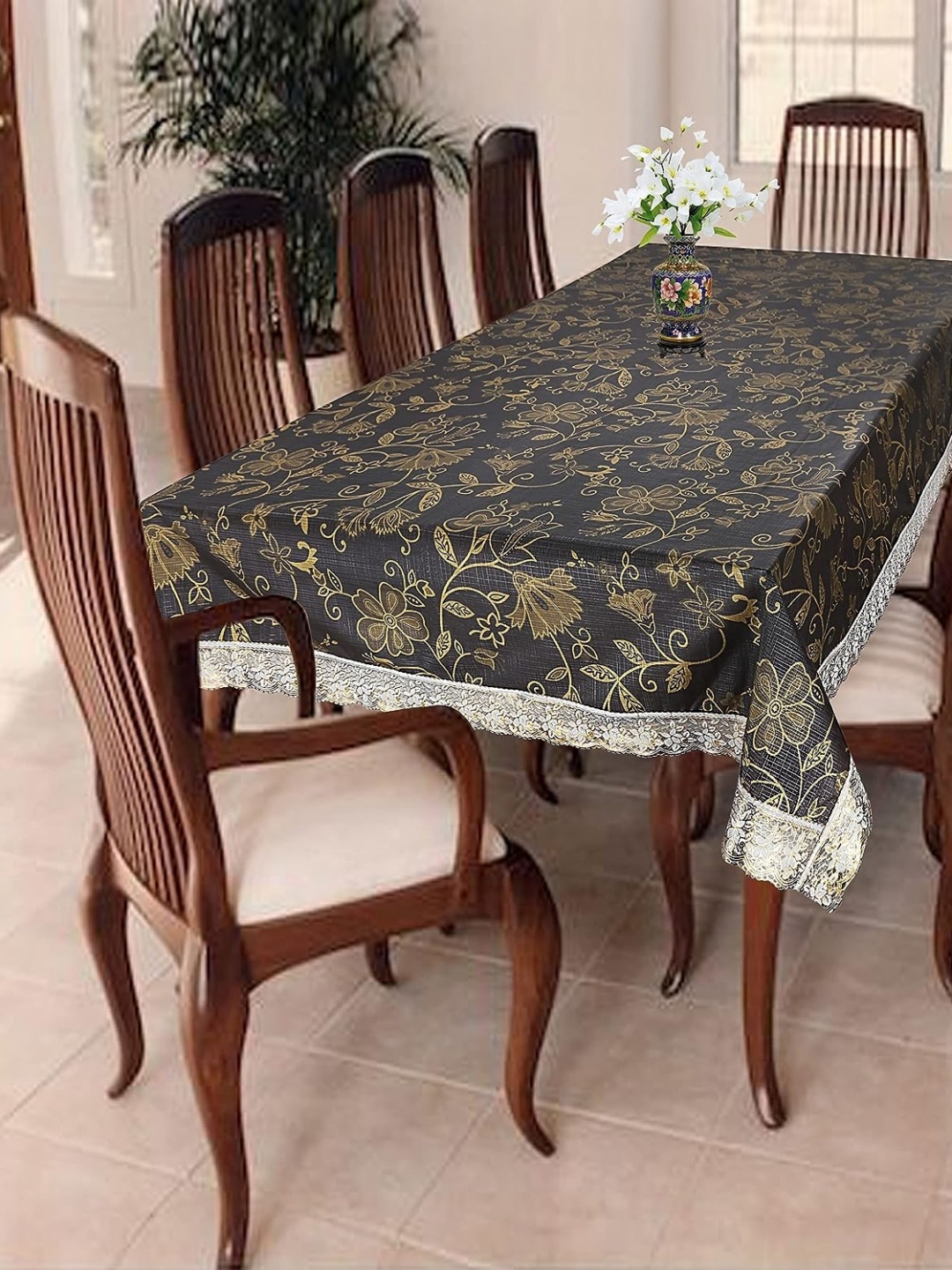 

Homerz Black & Beige Floral 8-Seater Table Cover