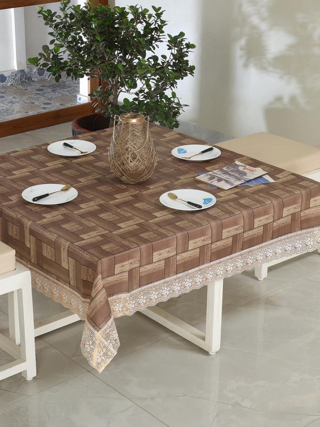 

Homerz Brown Geometric Printed Square Table Cover