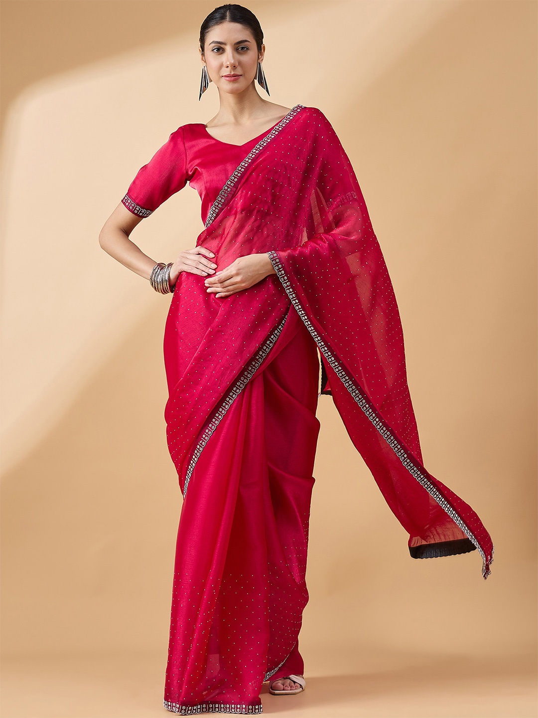 

all about you Embellished Beads and Stones Organza Saree, Pink