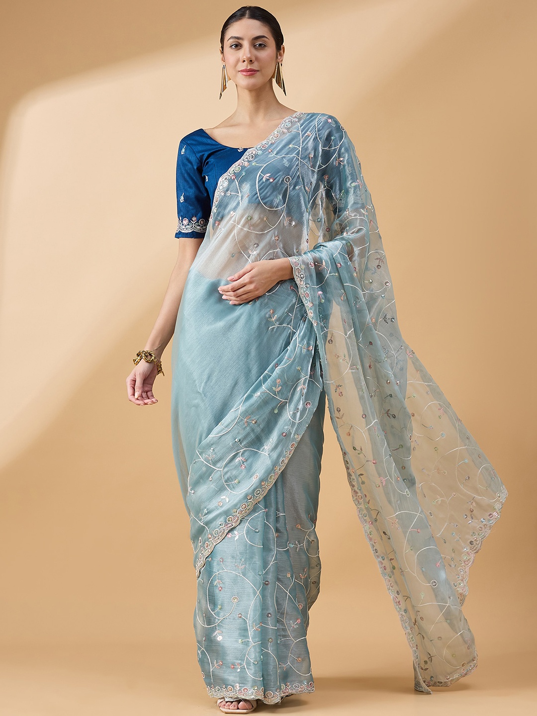 

all about you Embellished Sequinned Organza Saree, Blue