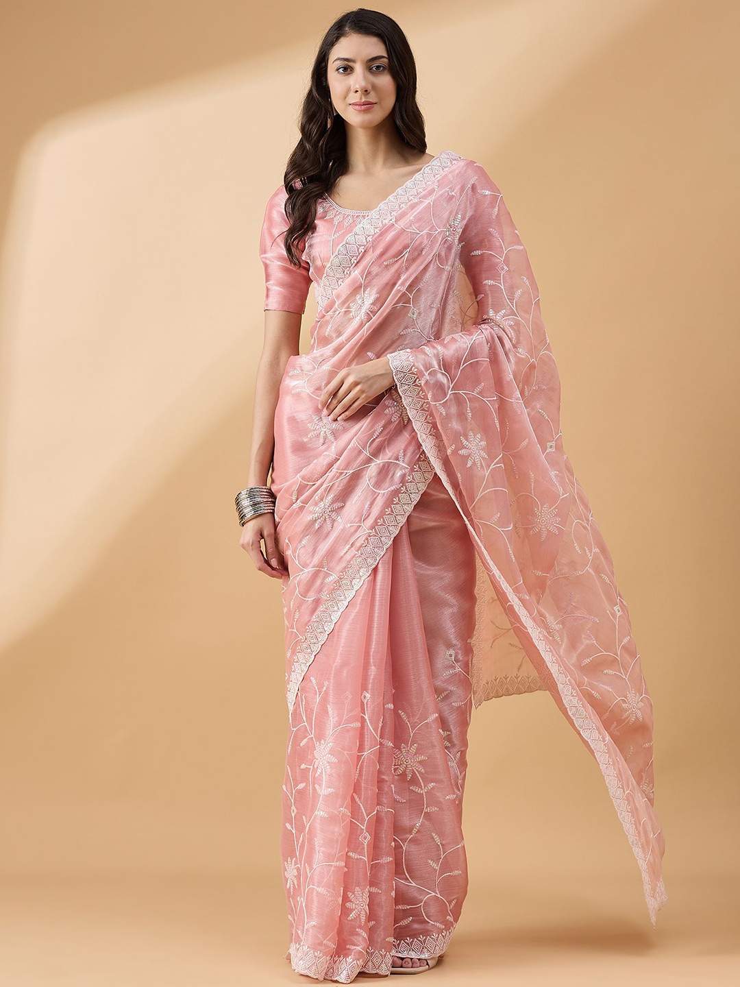 

all about you Embellished Sequinned Tissue Saree, Peach