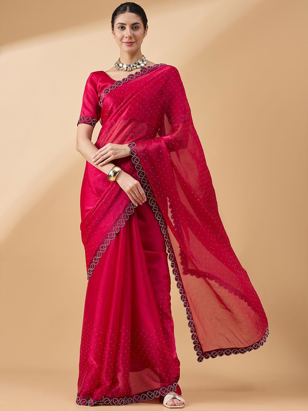 

all about you Embellished Beads and Stones Organza Saree, Pink