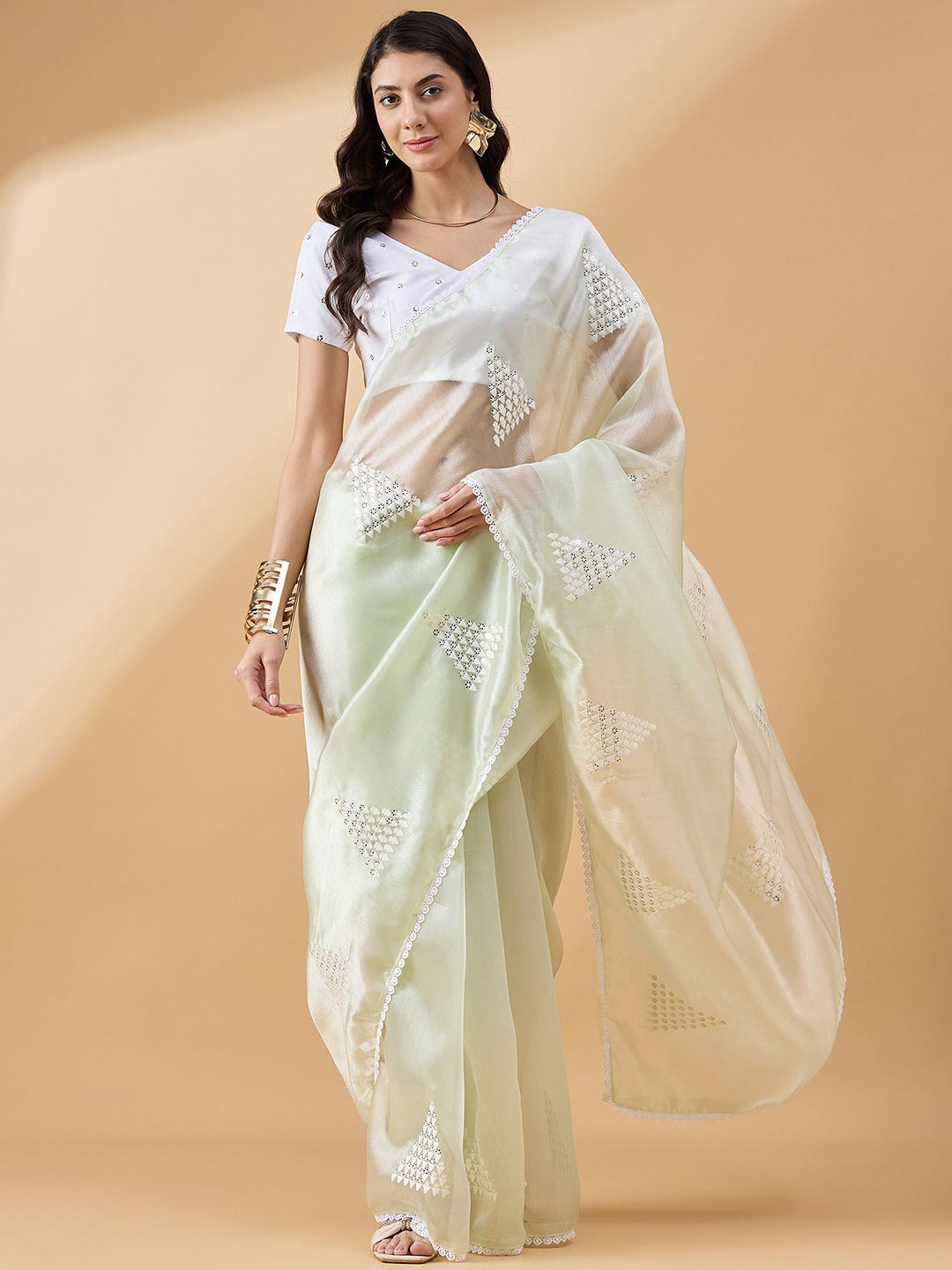 

all about you Sequinned Embroidered Tissue Saree, Green