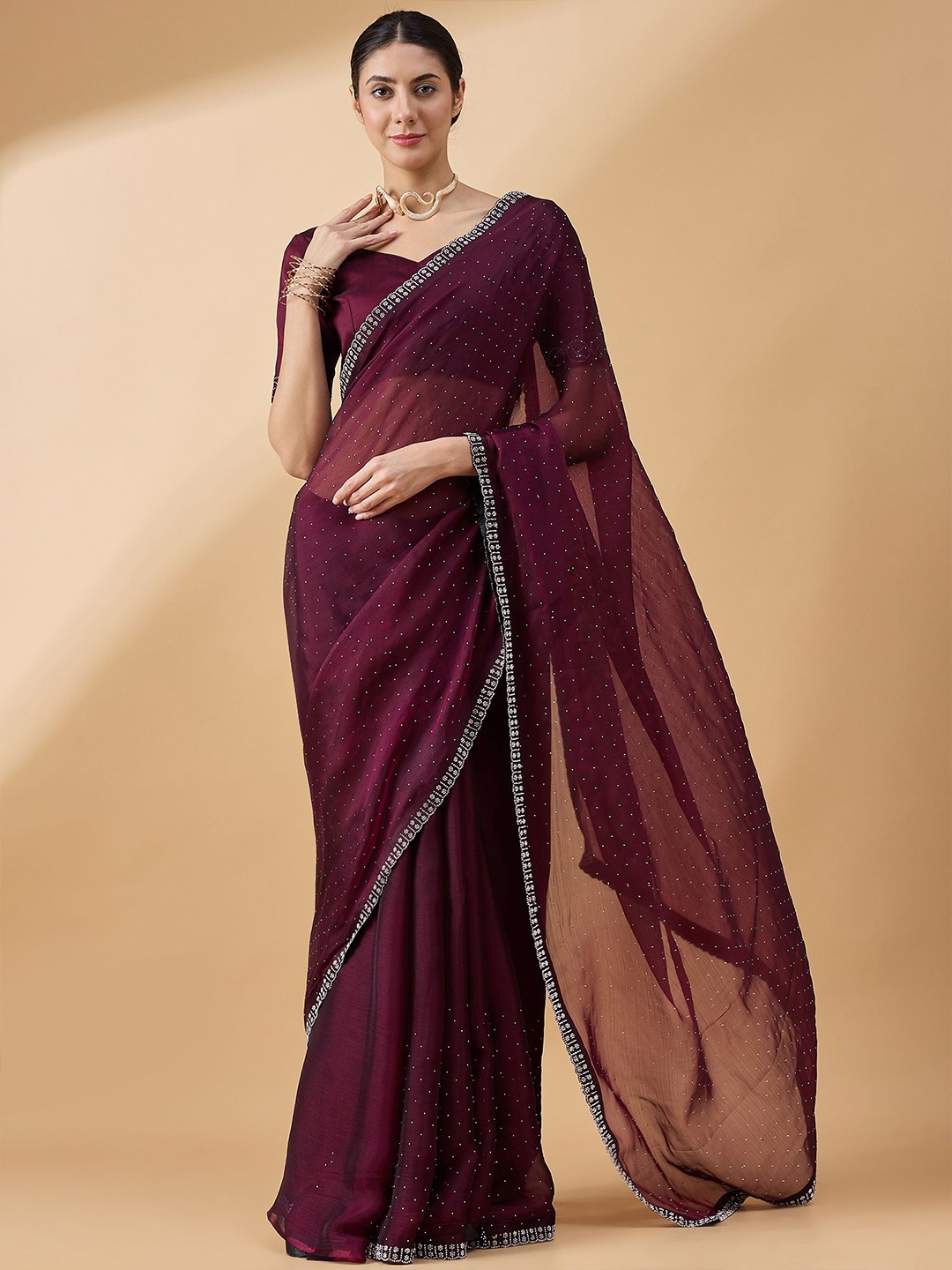 

all about you Embellished Beads and Stones Organza Saree, Magenta