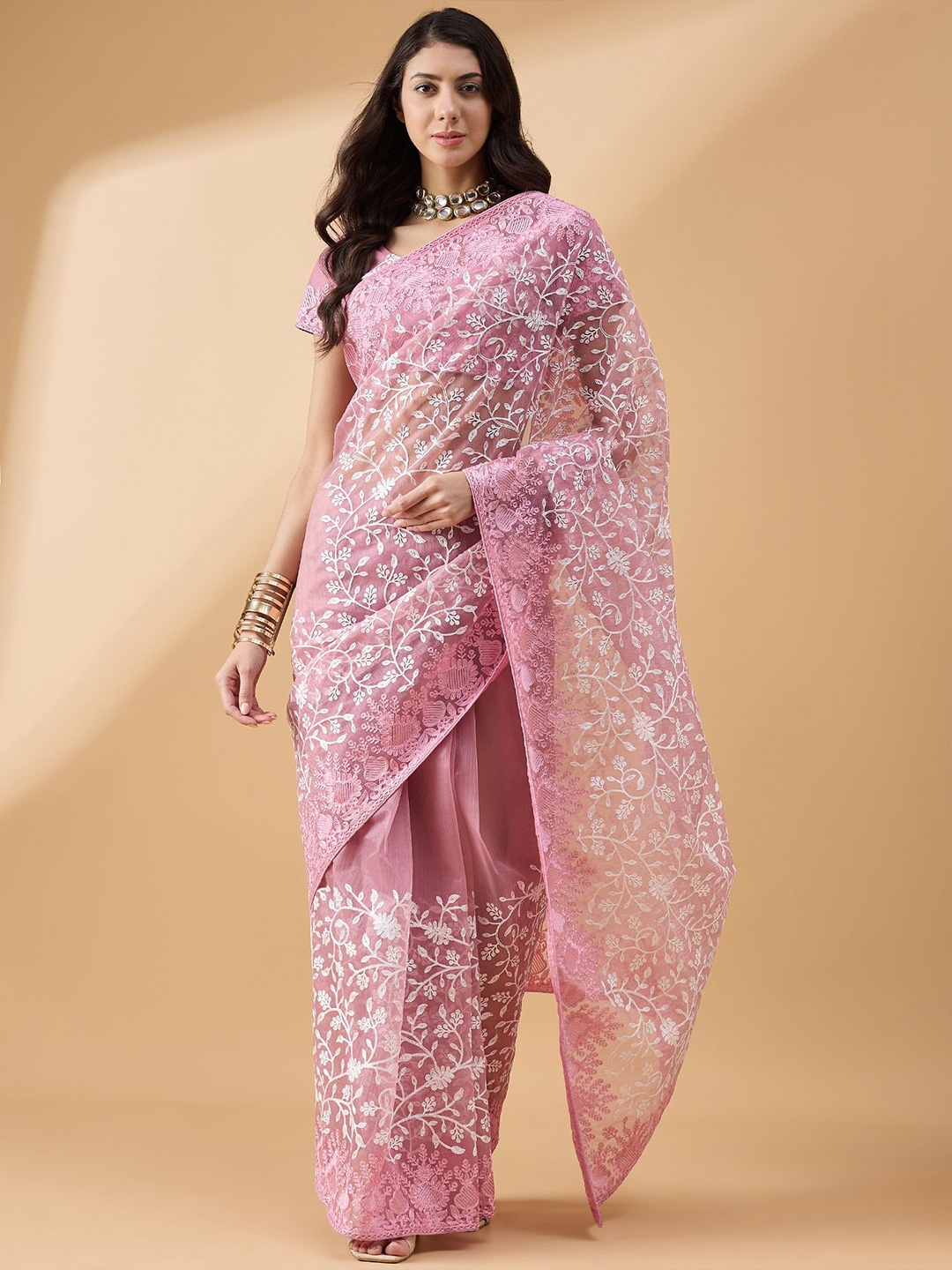 

all about you Floral Embroidered Organza Saree, Pink