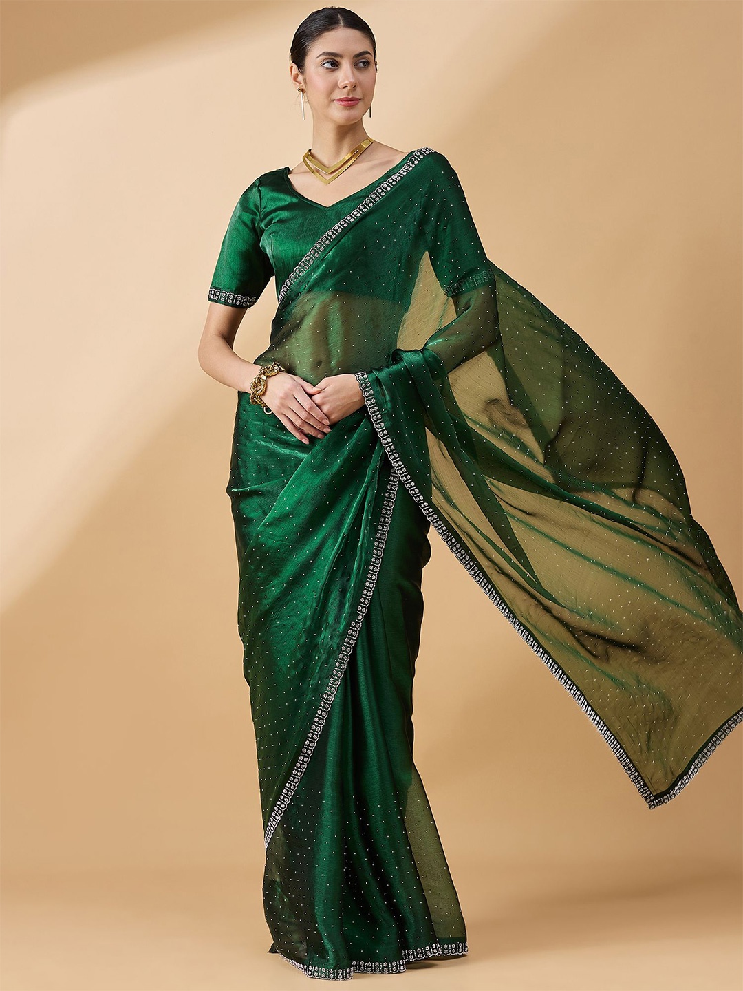 

all about you Embellished Beads and Stones Organza Saree, Green