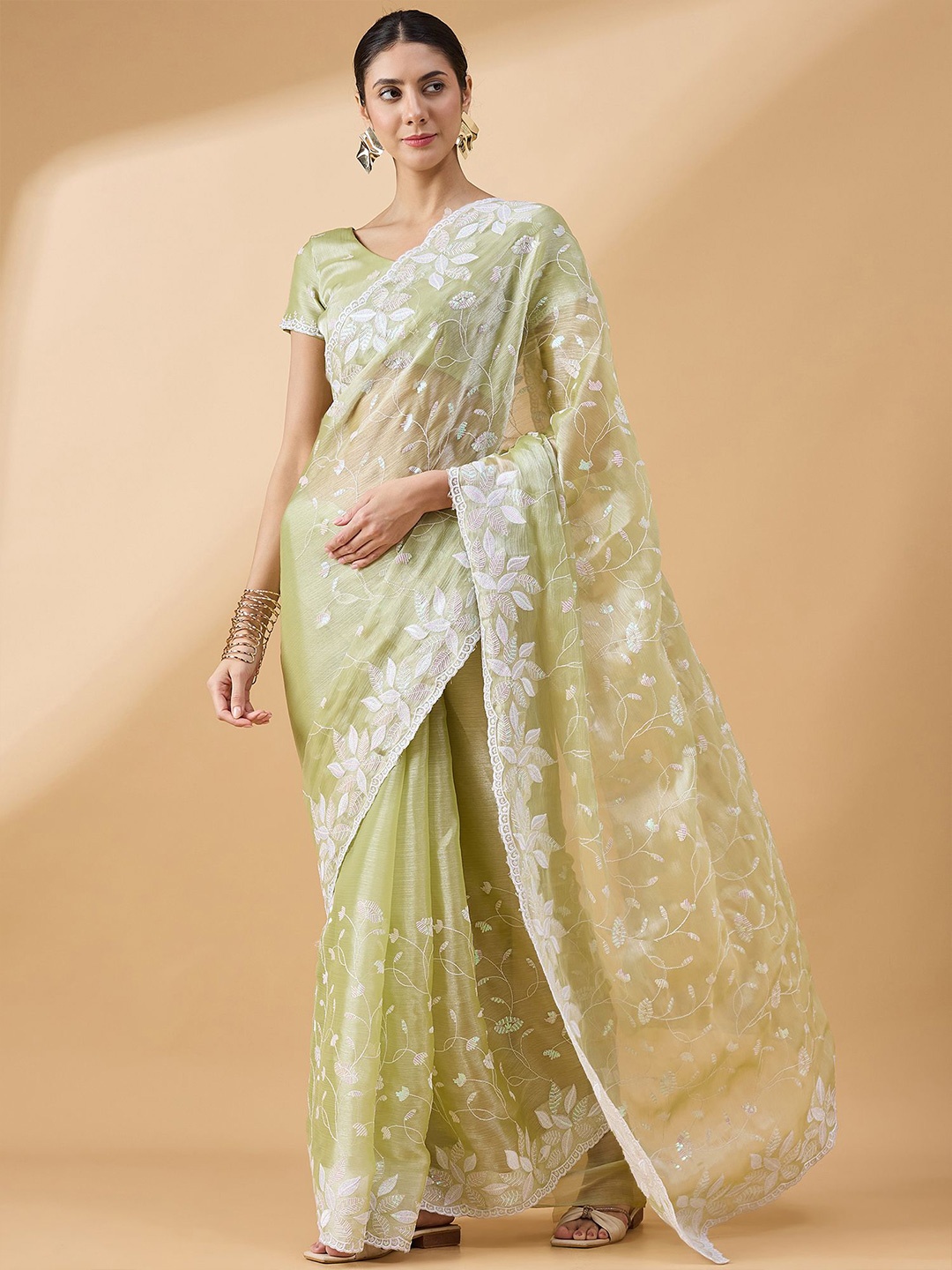 

all about you Floral Embroidered Tissue Saree, Green