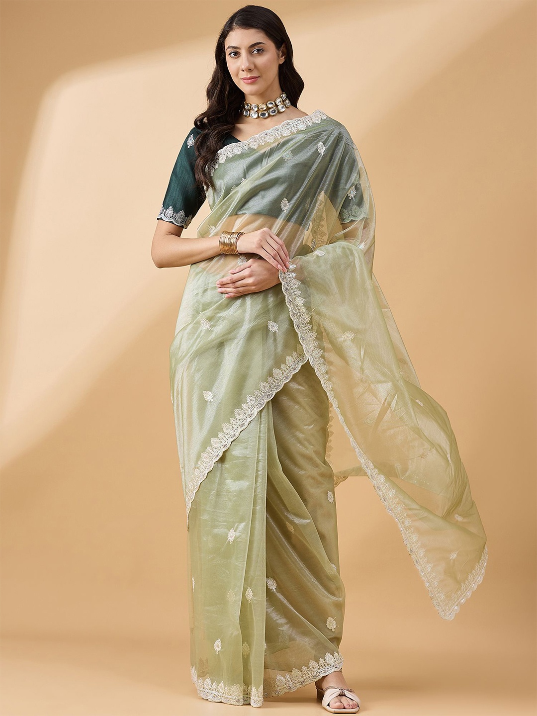 

all about you Embellished Embroidered Organza Saree, Green