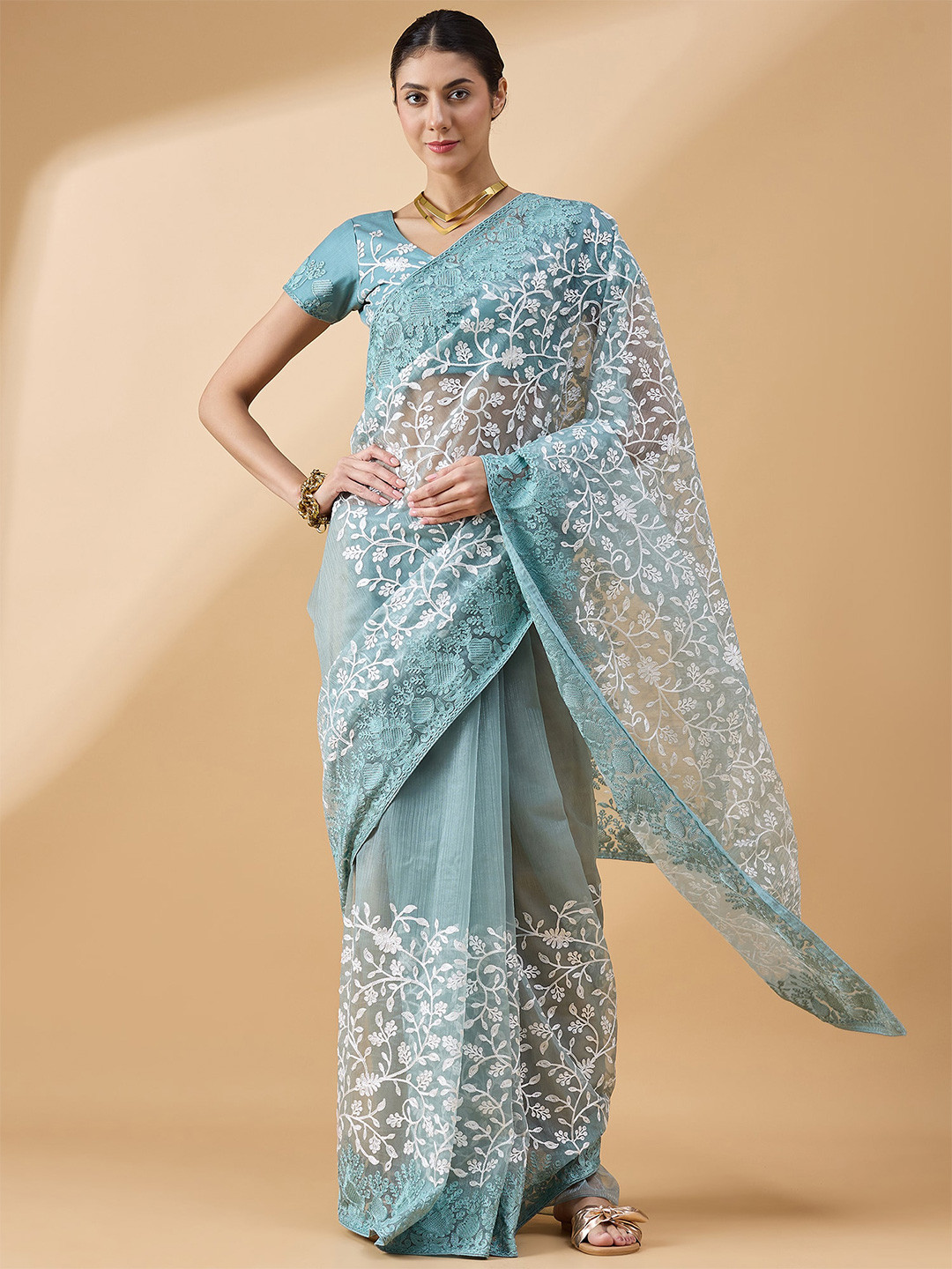 

all about you Floral Embroidered Organza Saree, Blue