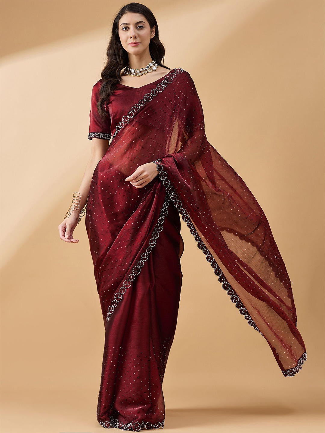 

all about you Embellished Beads and Stones Organza Saree, Maroon