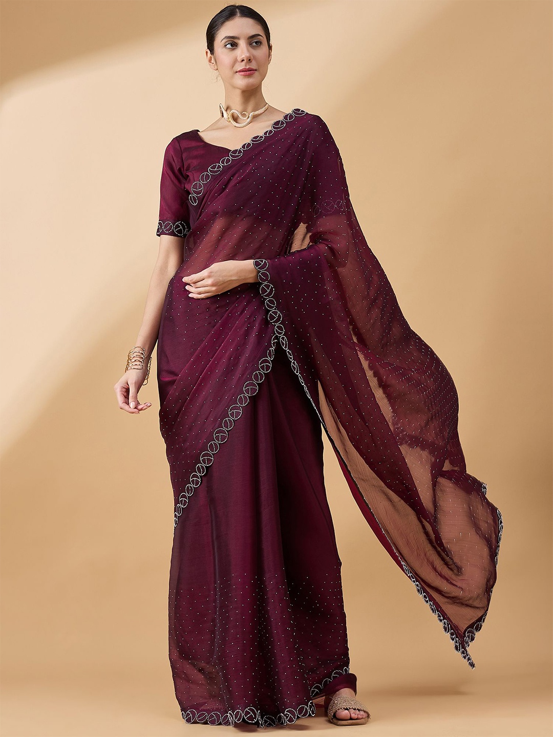 

all about you Embellished Beads and Stones Organza Saree, Purple