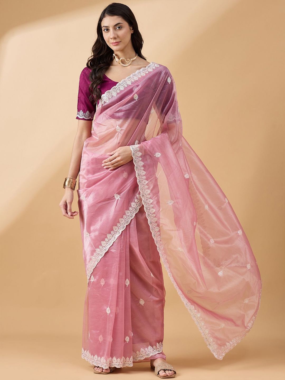 

all about you Embellished Embroidered Organza Saree, Pink