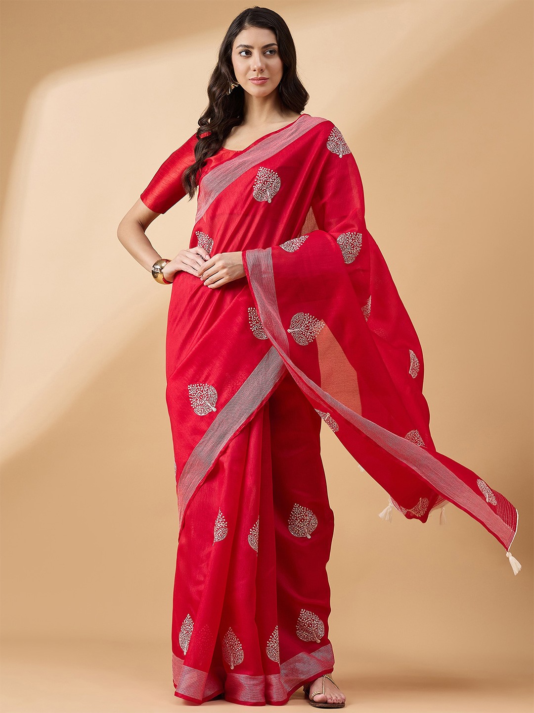 

all about you Floral Embroidered Saree, Red