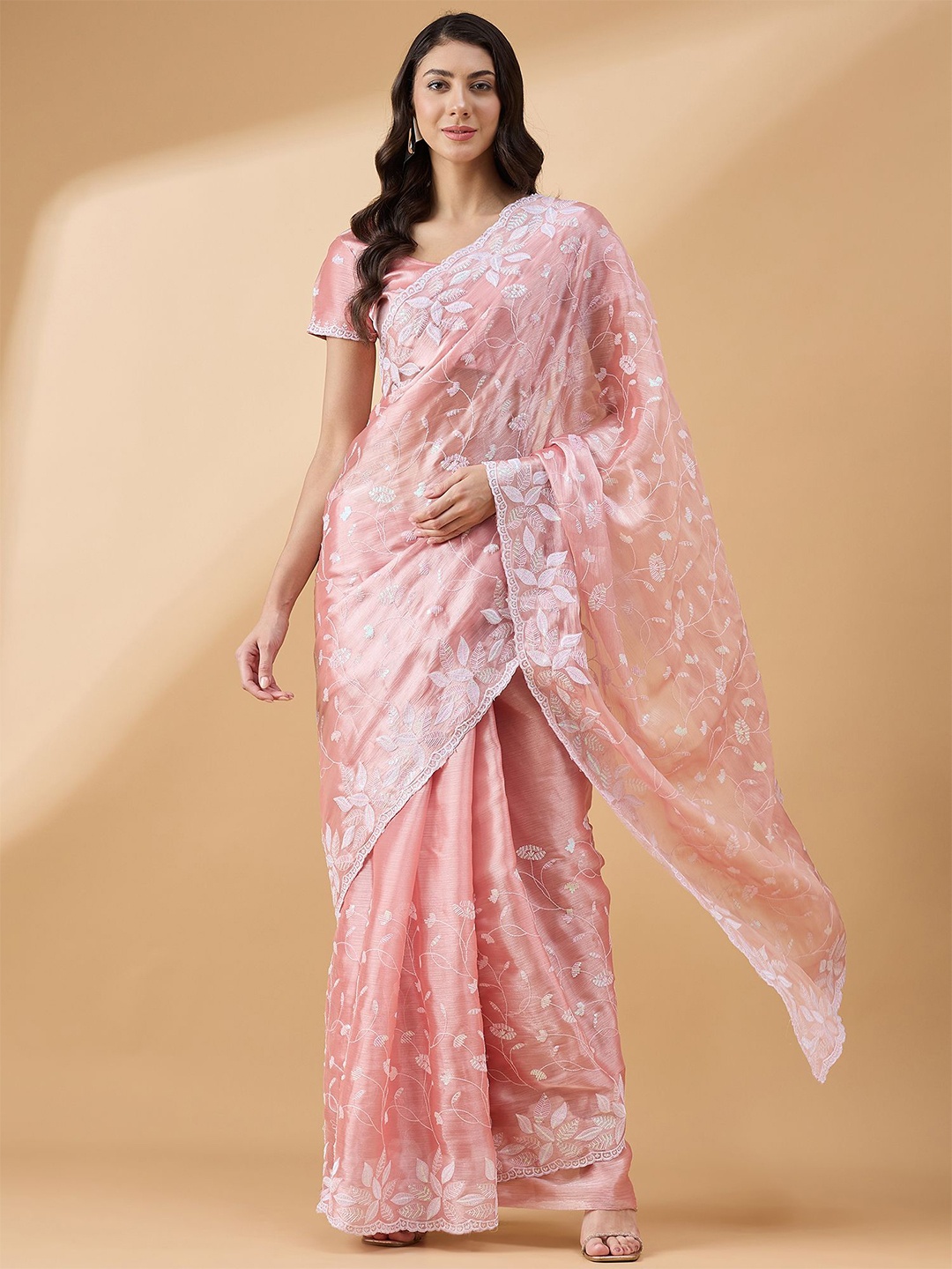 

all about you Floral Embroidered Tissue Saree with Unstitched Blouse, Peach