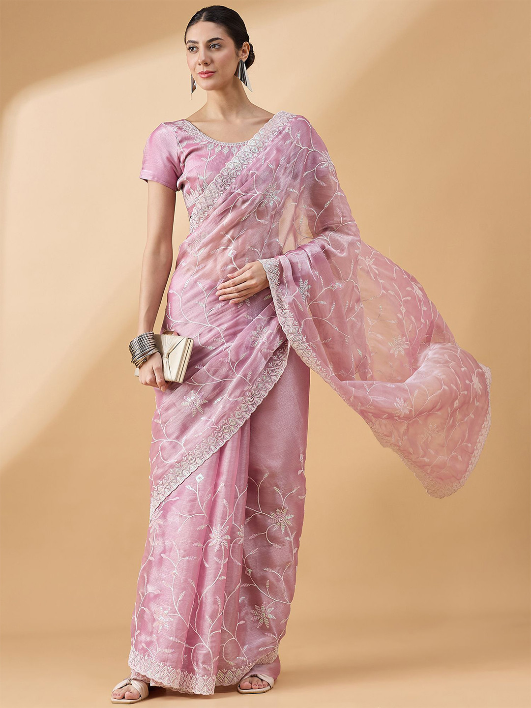

all about you Embellished Embroidered Tissue Saree, Pink