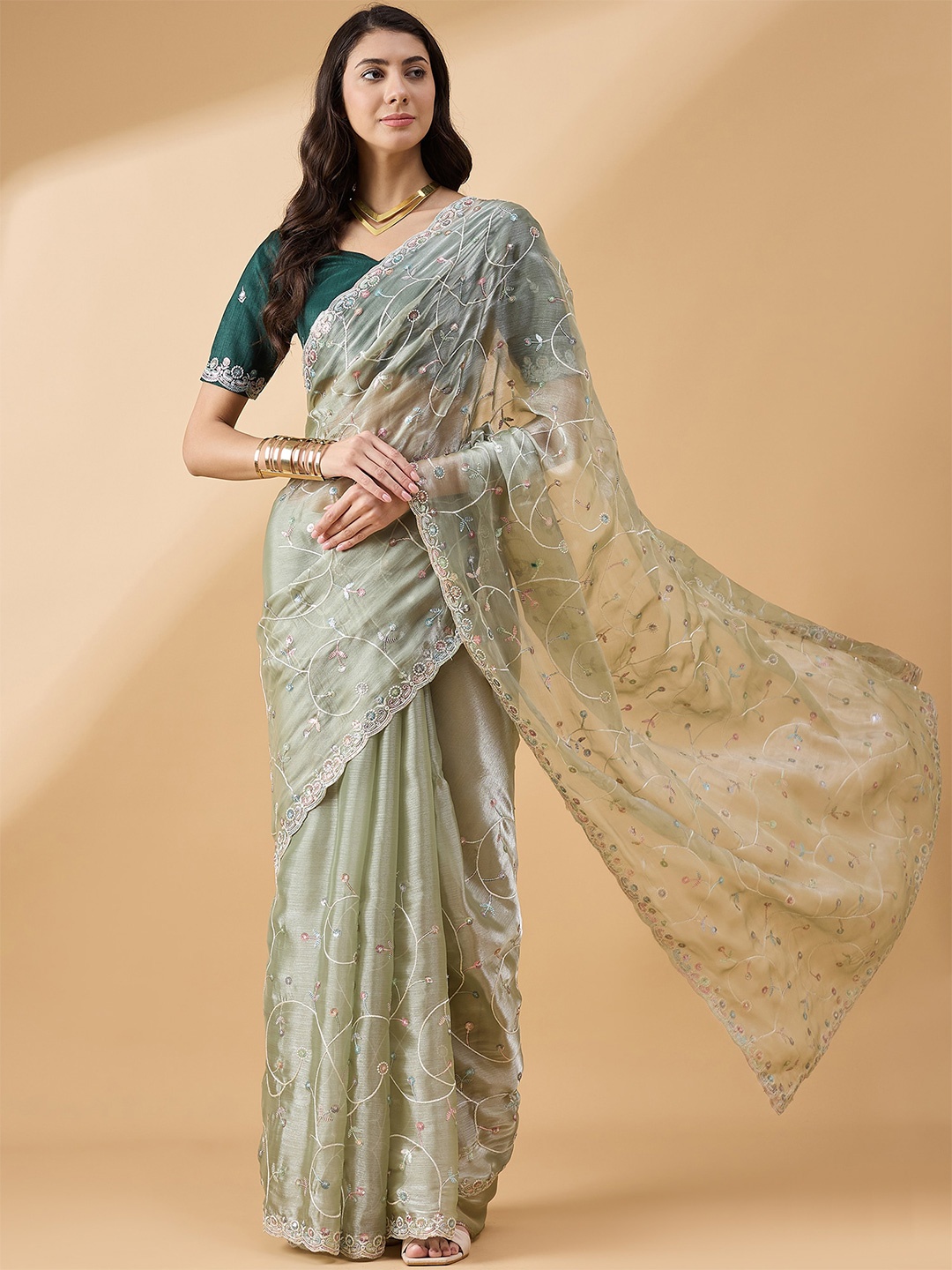 

all about you Floral Thread Embroidered Organza Saree, Green