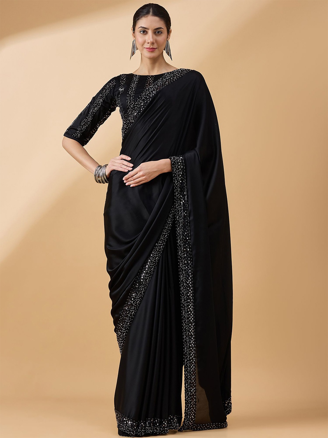 

all about you Beads and Stones Satin Saree, Black