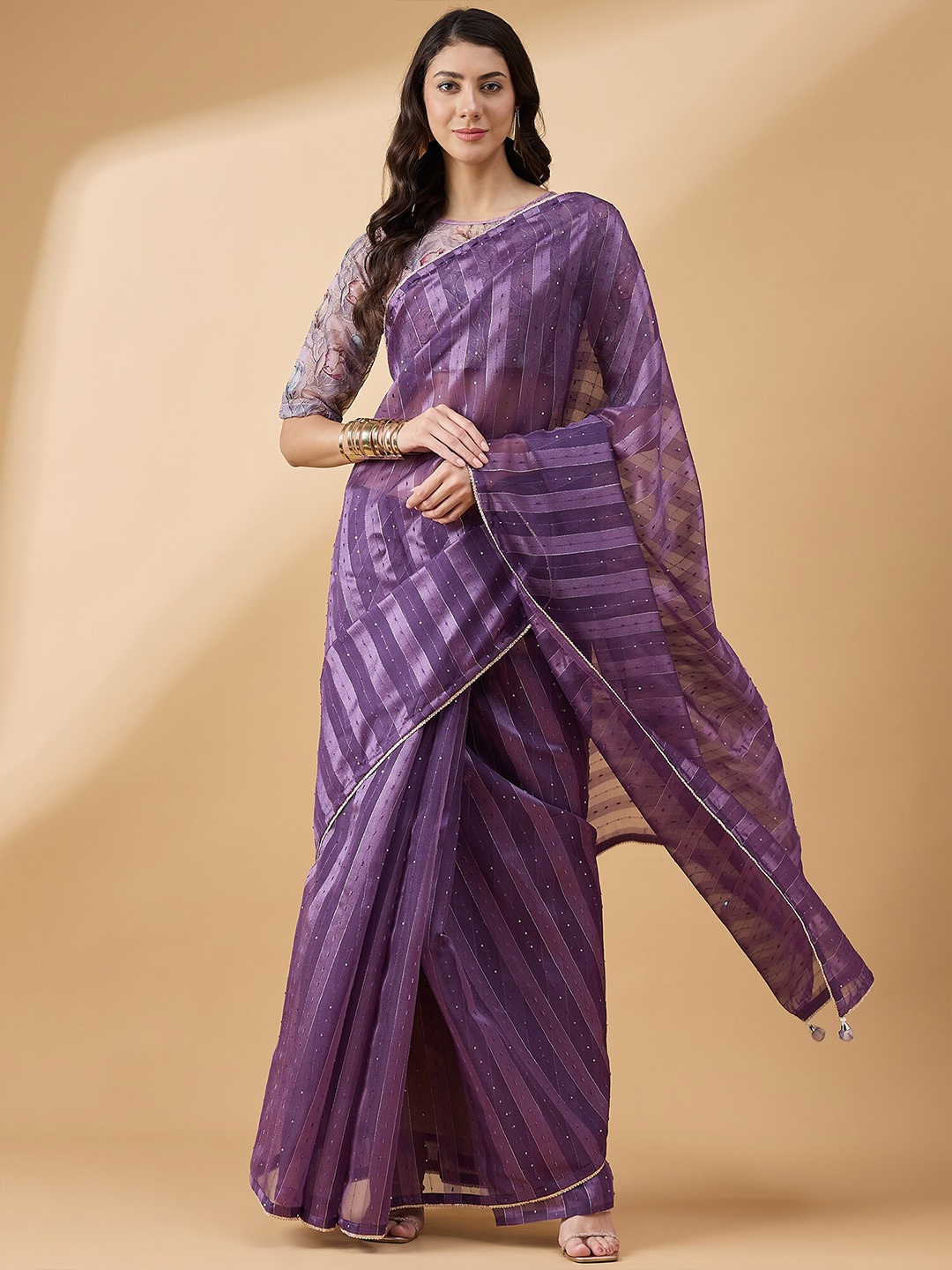 

all about you Striped Sequinned Saree, Purple