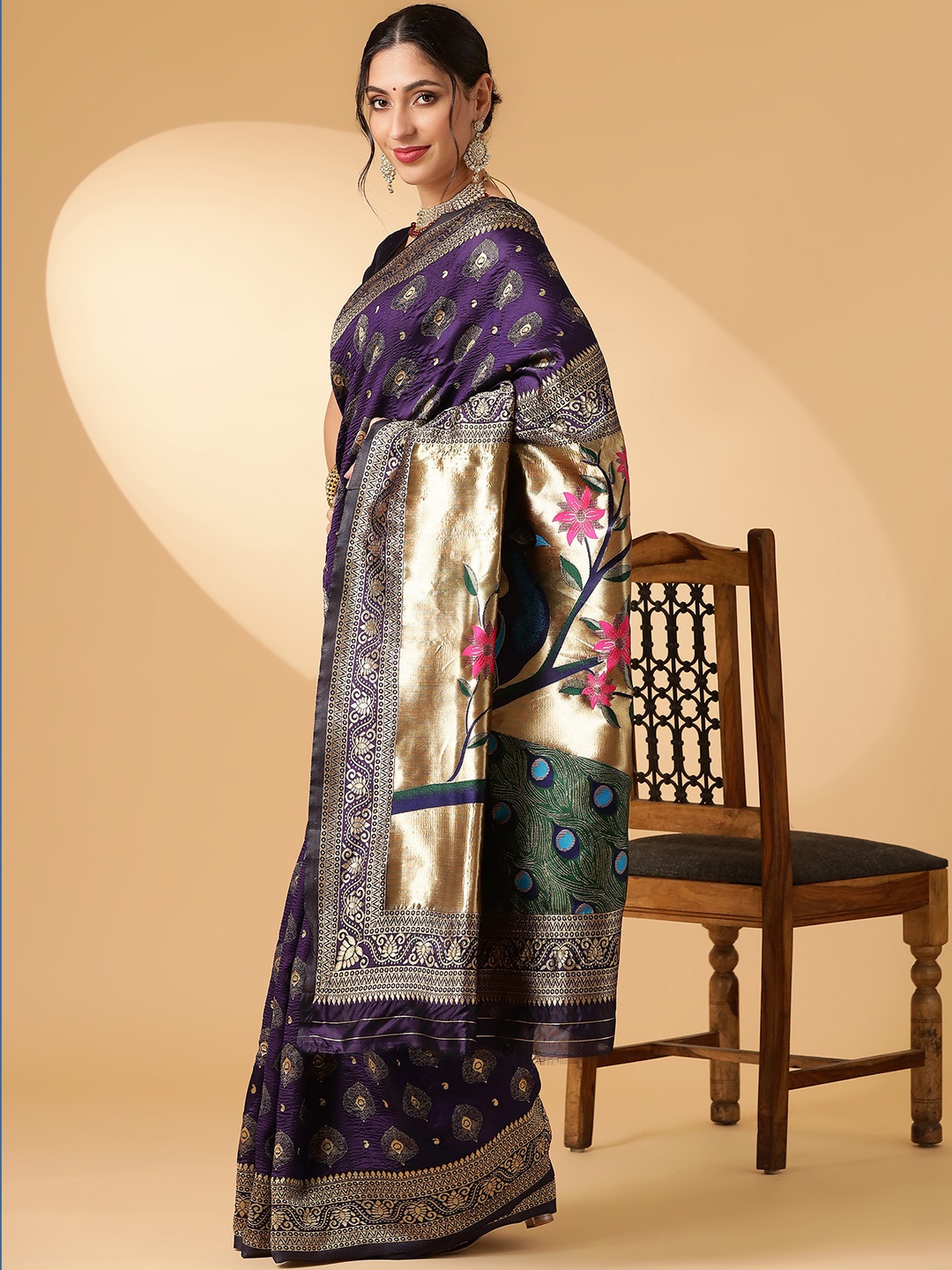 

KALINI Ethnic Motifs Zari Paithani Saree, Purple