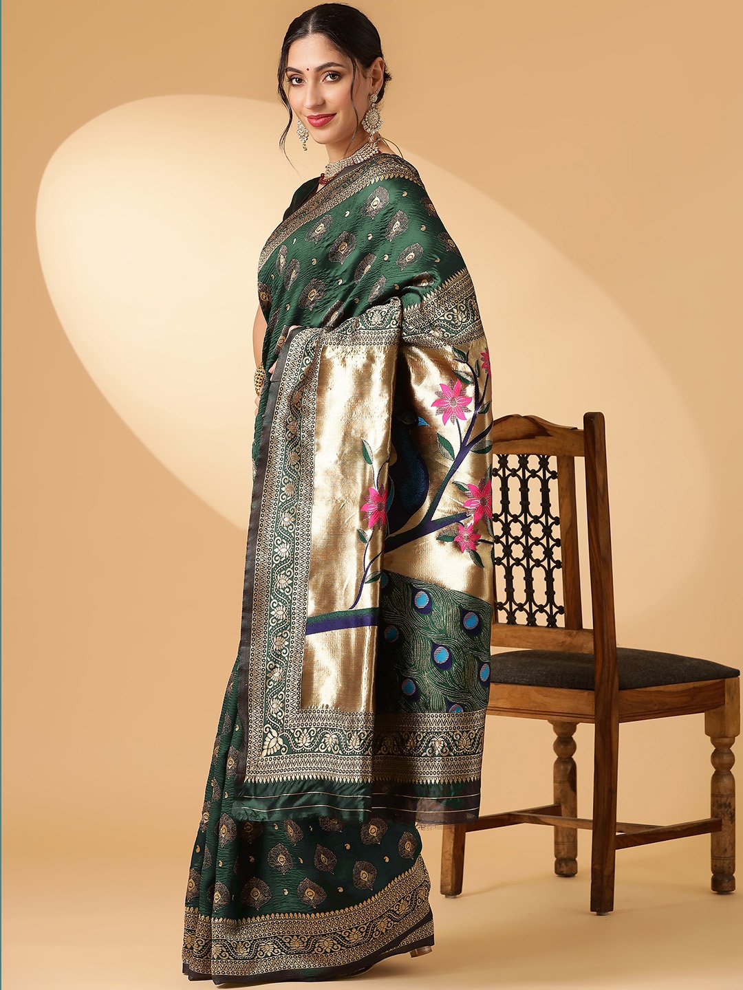 

KALINI Ethnic Motifs Paithani Saree, Green