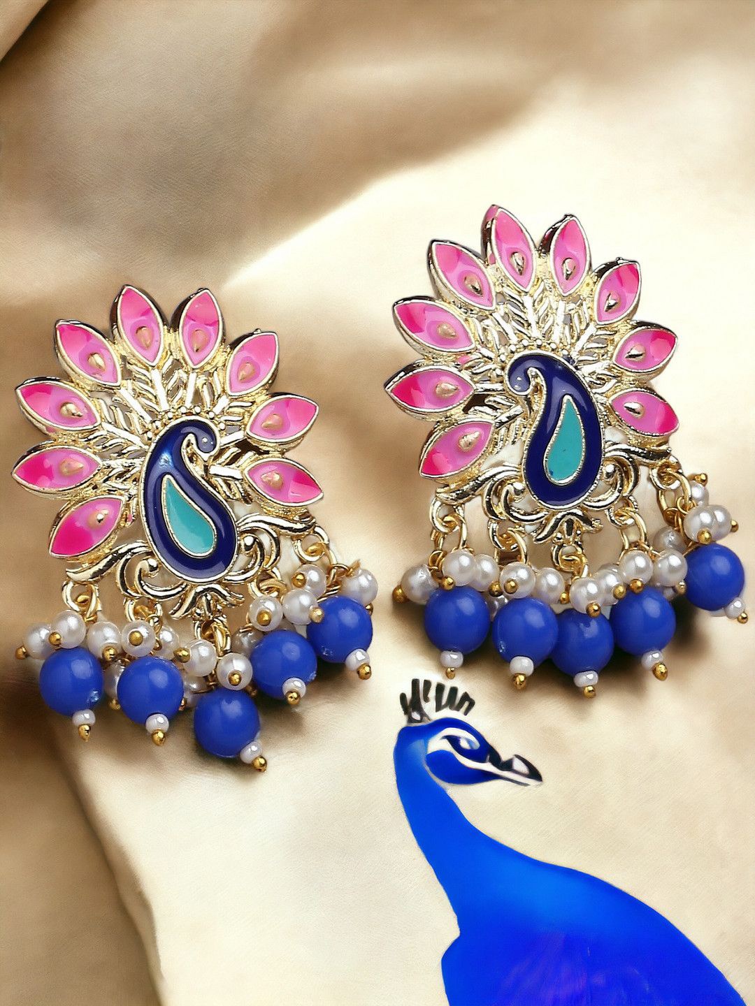 

Anouk Gold-Toned & Blue Kundan Studded Beaded Peacock Shaped Meenakari Drop Earrings