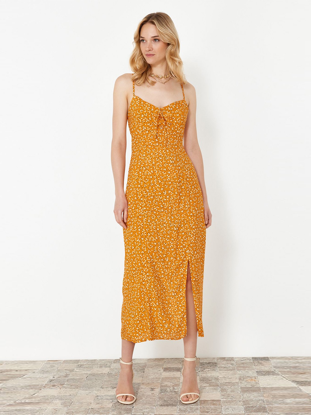 

Trendyol Floral Printed Shoulder Straps A-Line Midi Dress, Yellow