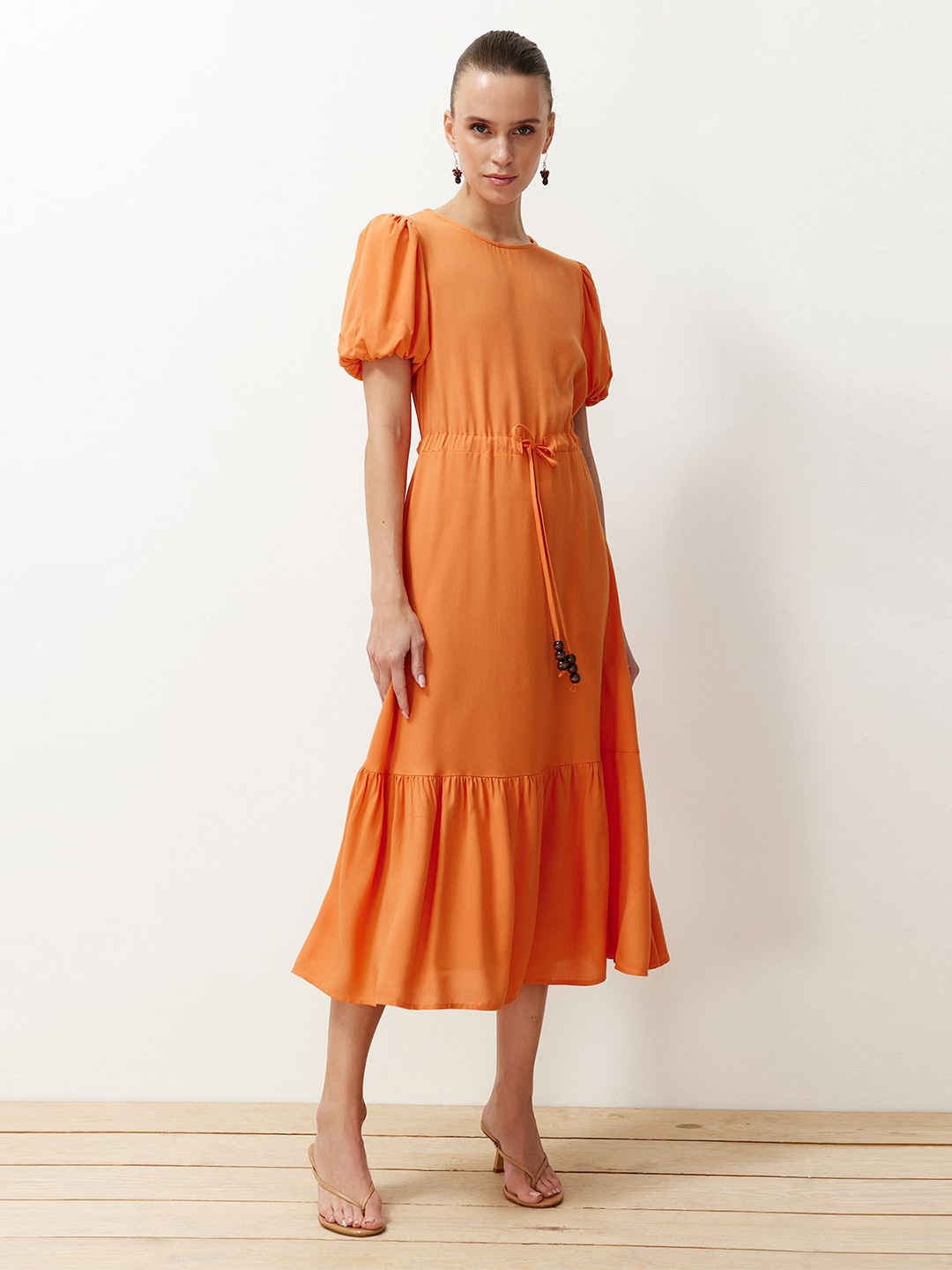 

Trendyol Round Neck Puff Sleeve Gathered Fit & Flare Midi Dress, Orange