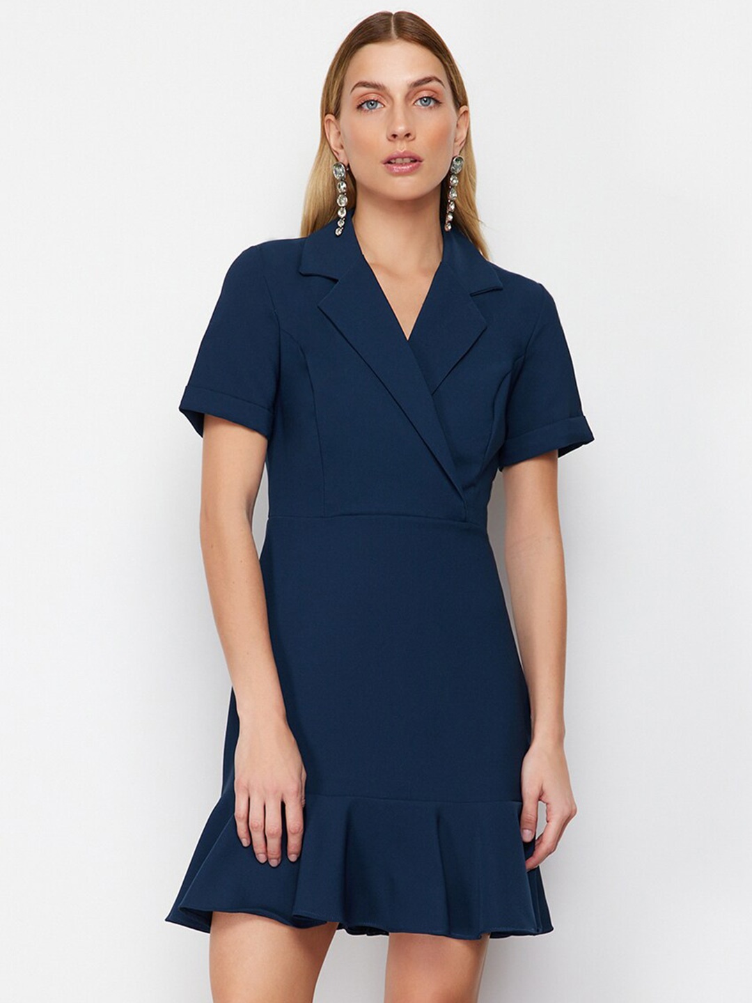 

Trendyol Shawl Collar Short Sleeves Sheath Mini Dress, Blue