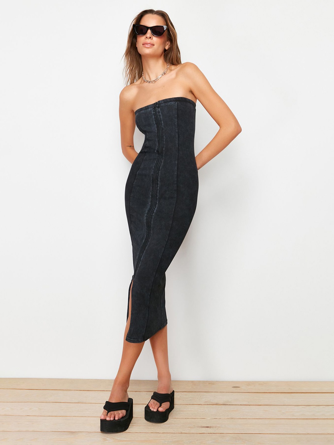 

Trendyol Strapless Cotton Bodycon Midi Dress, Black