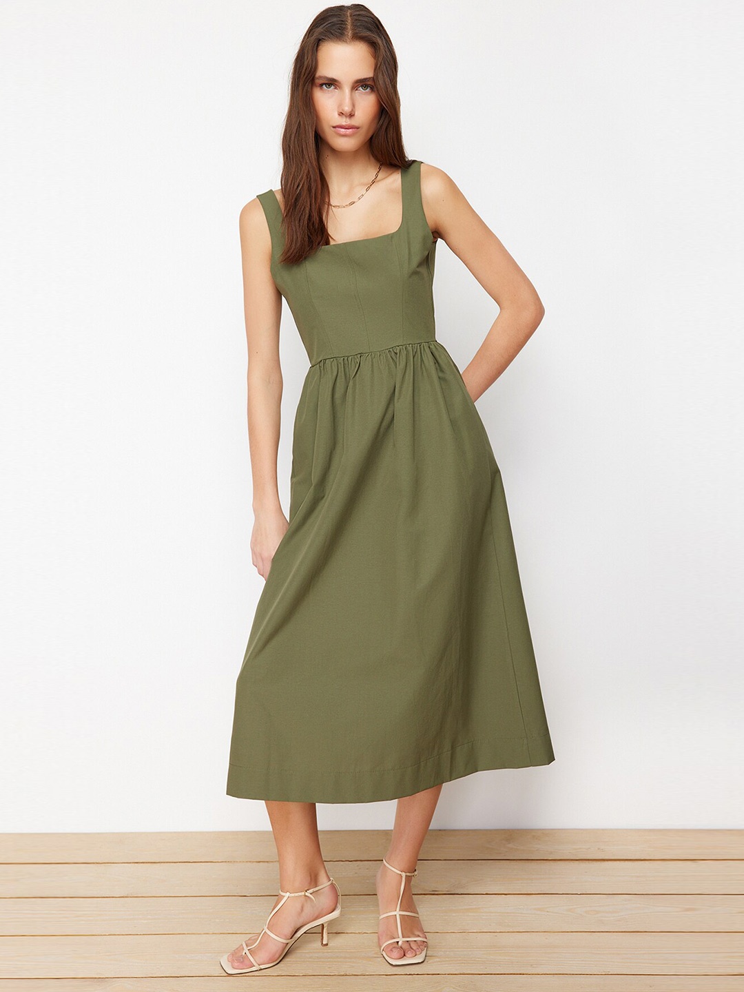 

Trendyol Women Square Neck Sleeveless Cotton Fit & Flare Midi Dress, Green