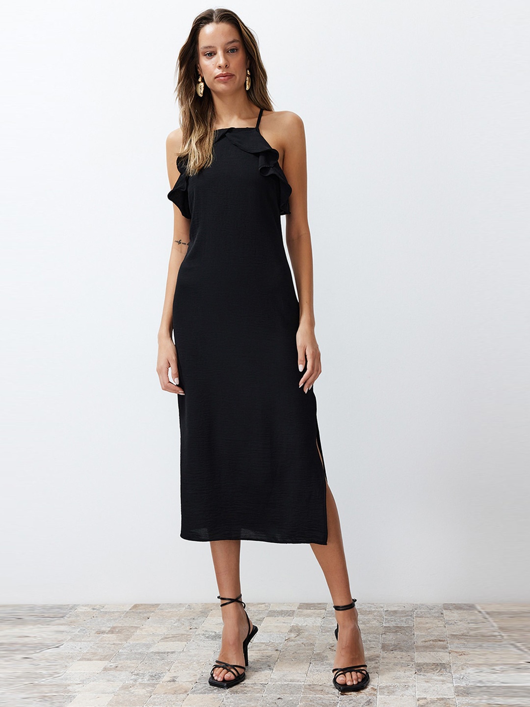 

Trendyol Shoulder Strap A-Line Midi Dress, Black