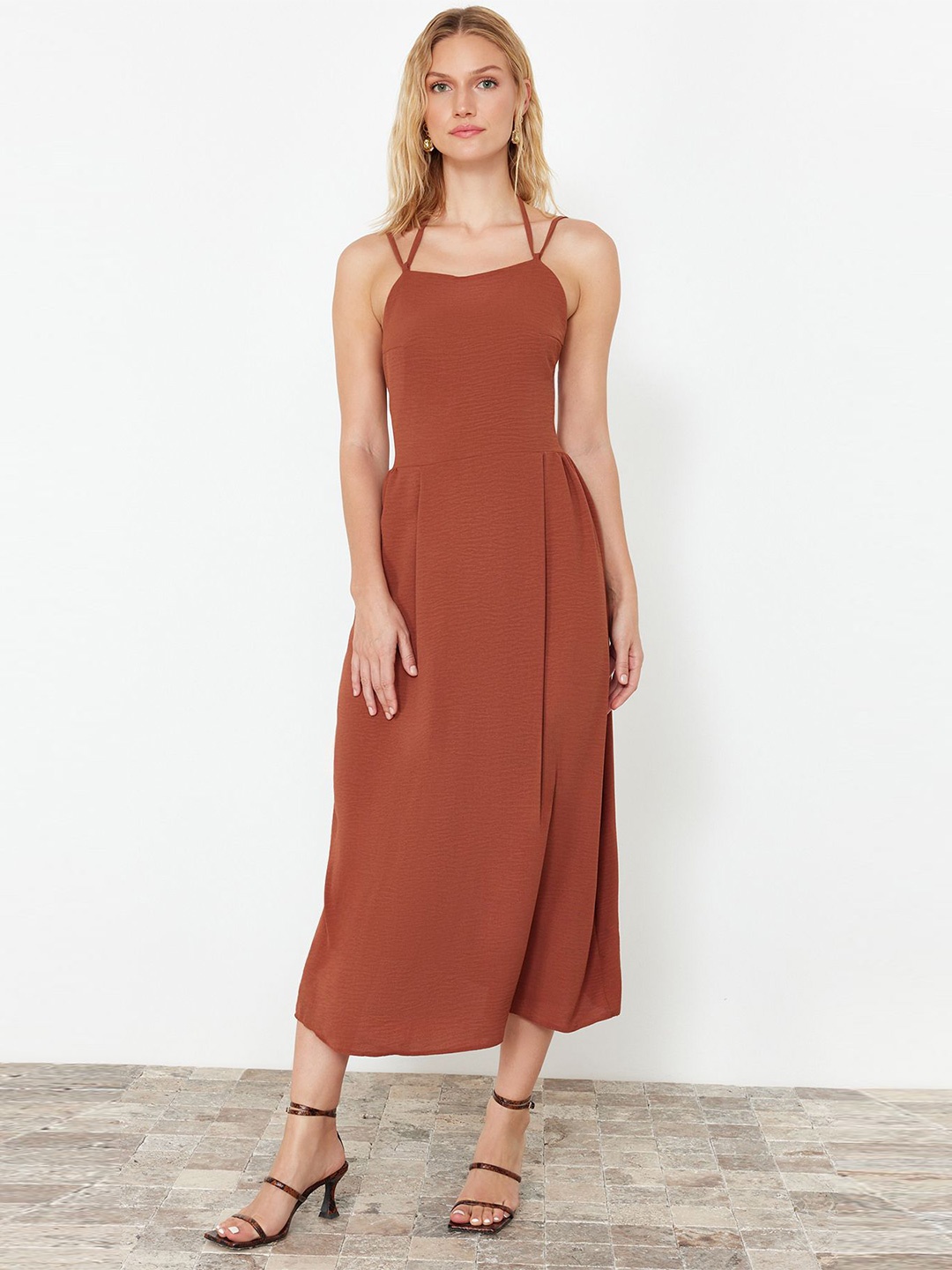 

Trendyol Shoulder Straps Fit & Flare Midi Dress, Brown