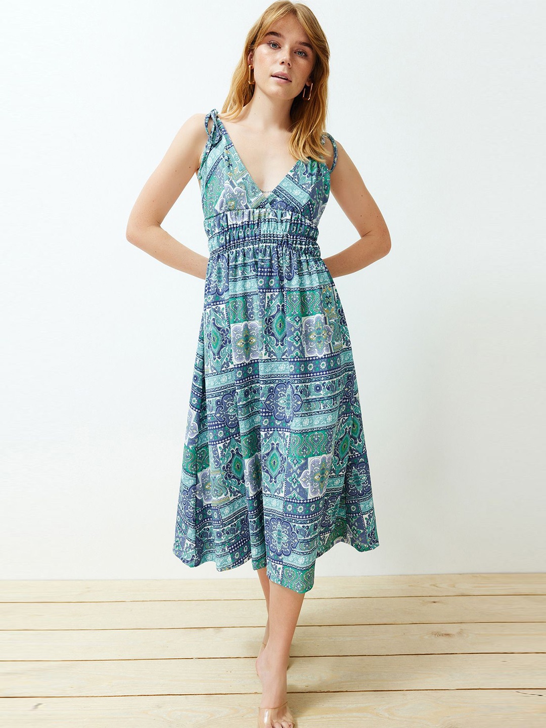 

Trendyol Floral Printed V-Neck Fit & Flare Midi Dress, Blue