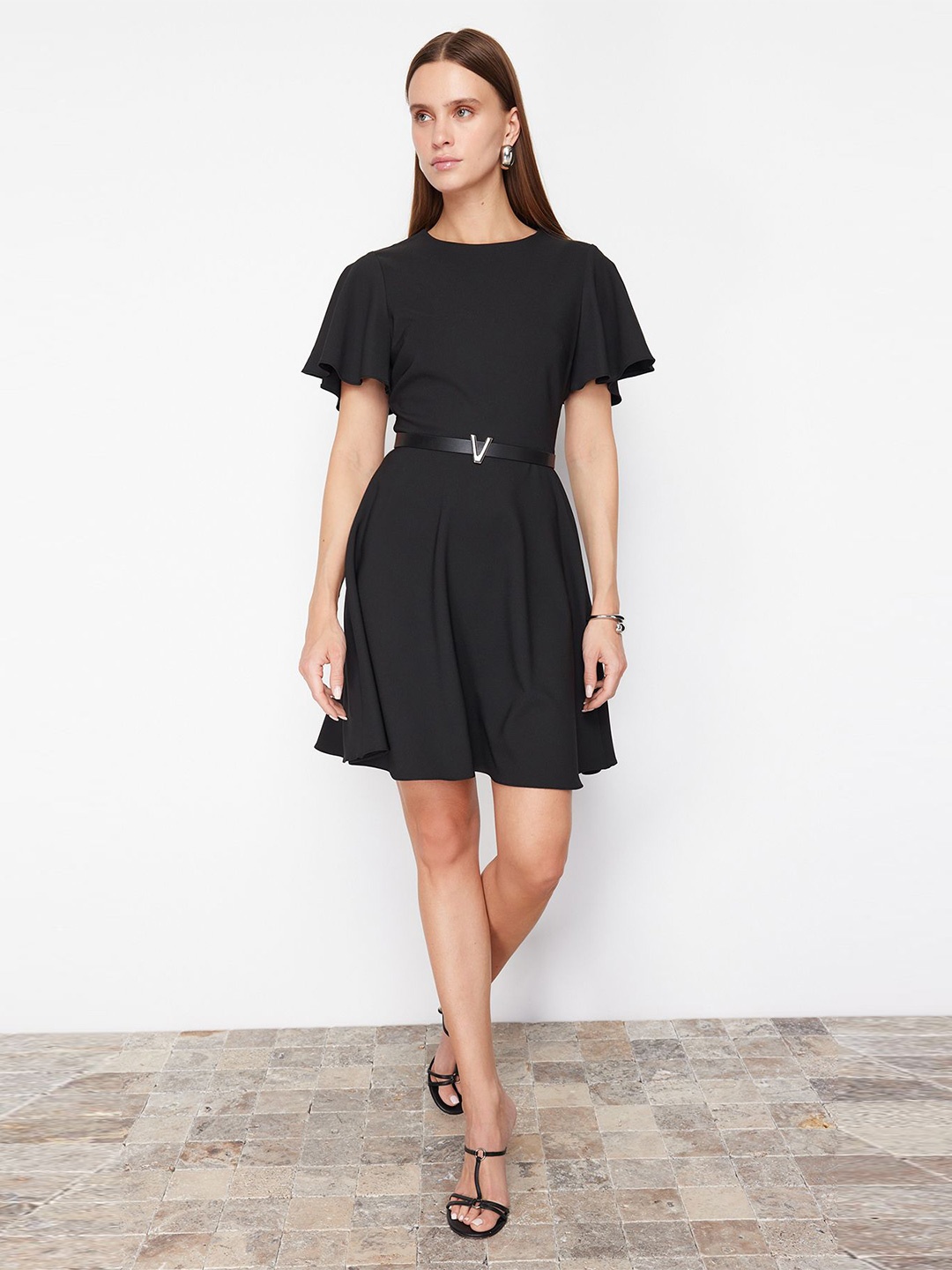 

Trendyol Round Neck Flutter Sleeve Fit & Flare Dress, Black