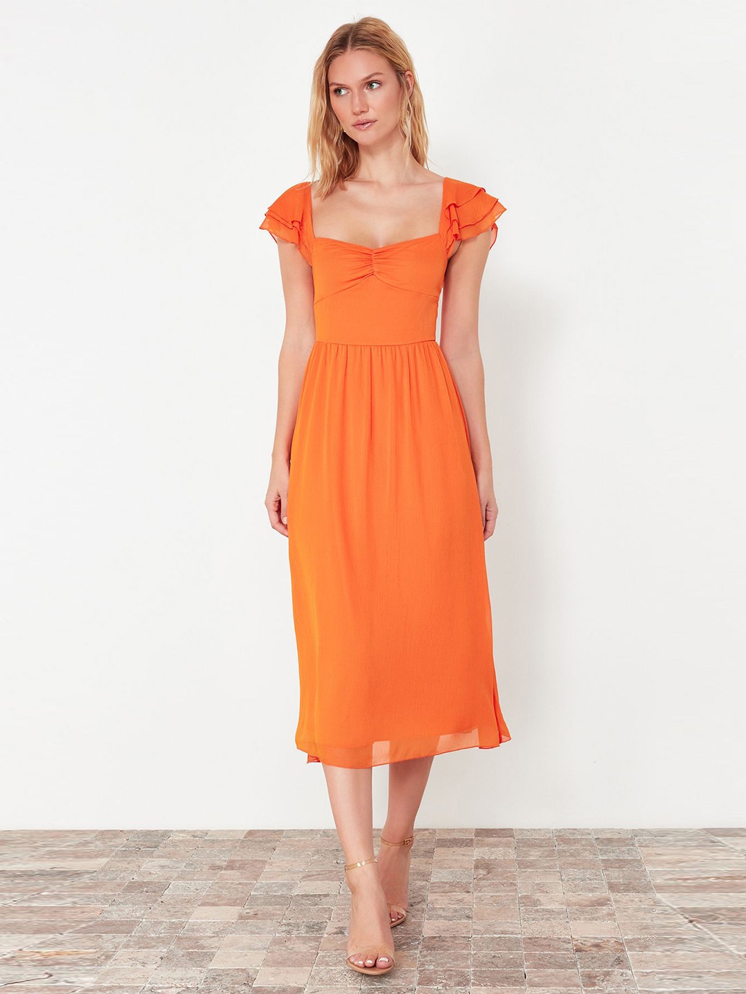 

Trendyol Flutter Sleeves Ruched Fit & Flare Midi Dress, Na