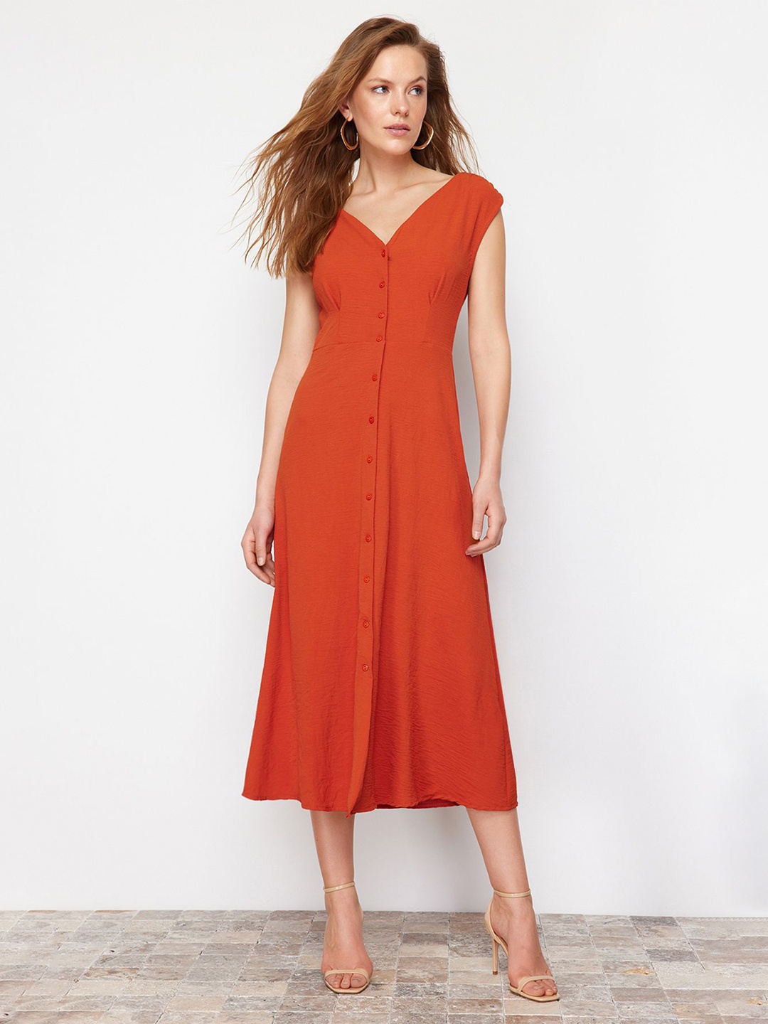 

Trendyol Women Sleeveless A-Line Midi Dress, Rust