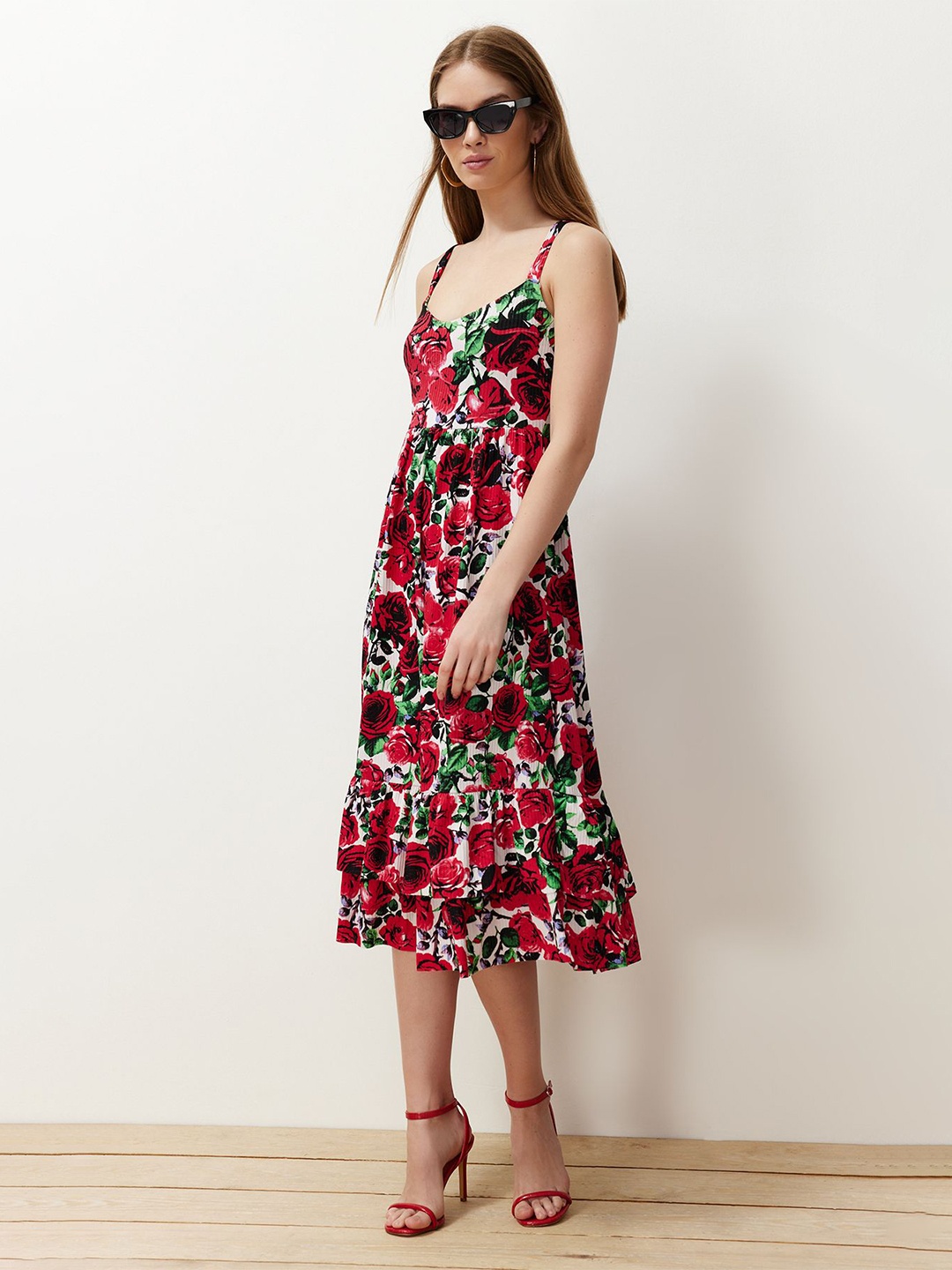 

Trendyol Floral Printed Shoulder Straps Gathered Midi Fit & Flare Dress, Red