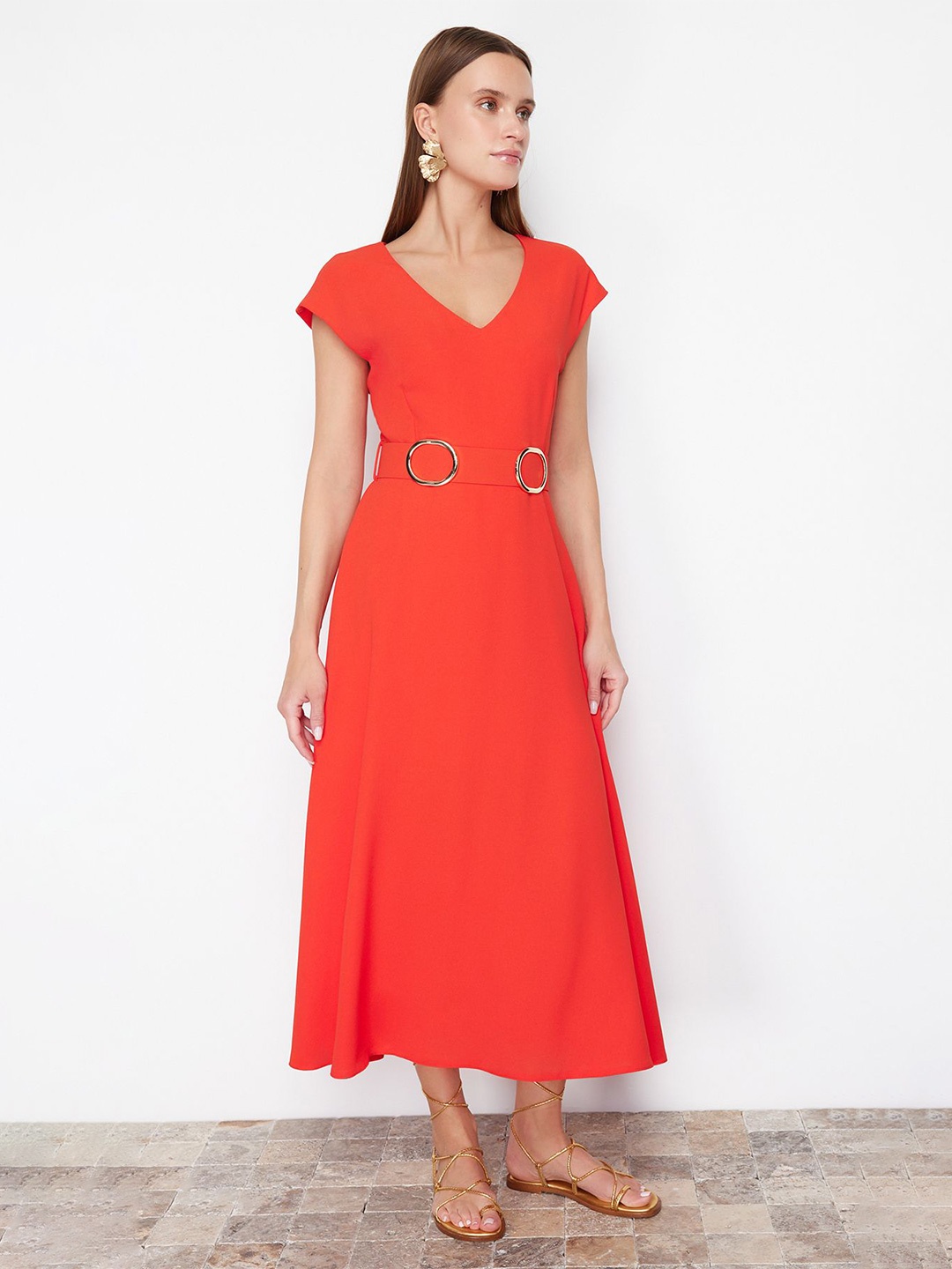 

Trendyol V-Neck Short Extended Sleeves Fit & Flare Midi Dress, Orange