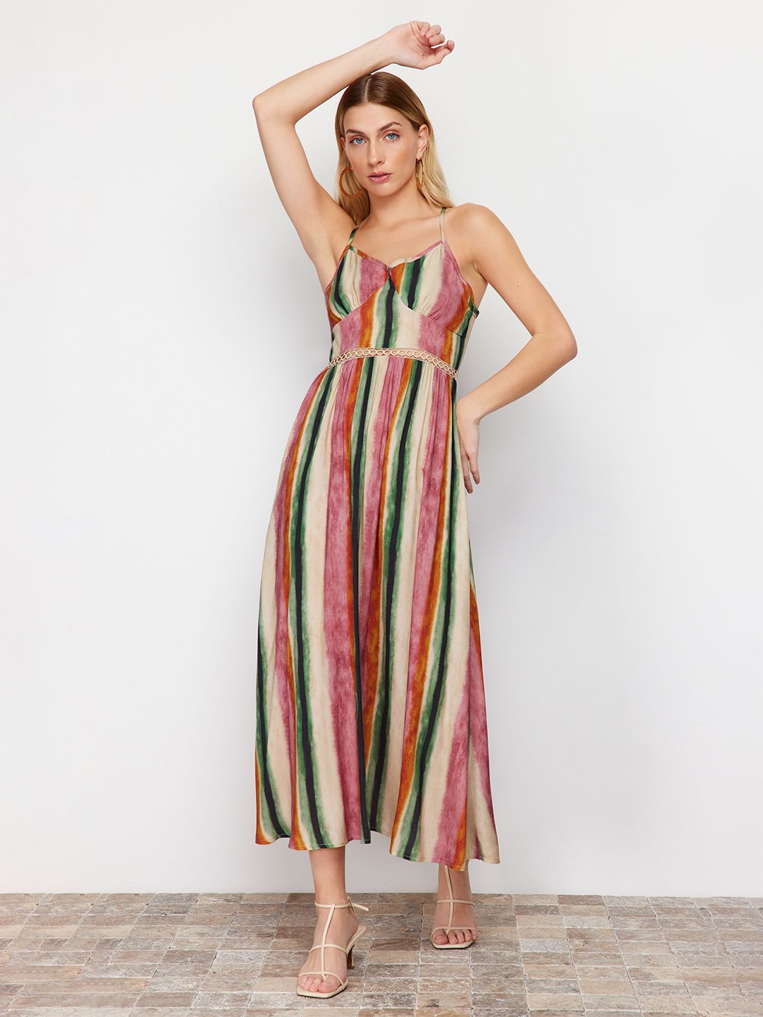 

Trendyol Women Striped Shoulder Straps Fit & Flare Midi Dress, Beige