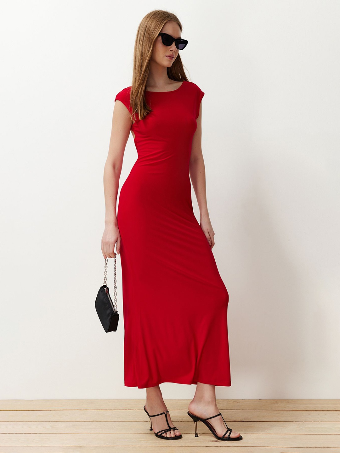 

Trendyol Women Boat Neck Cap Sleeves Maxi Dress, Red