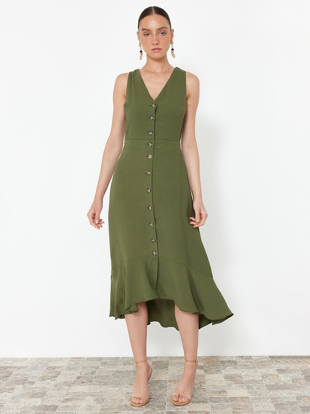 

Trendyol Women V Neck Sleeveless A-Line Midi Dress, Green