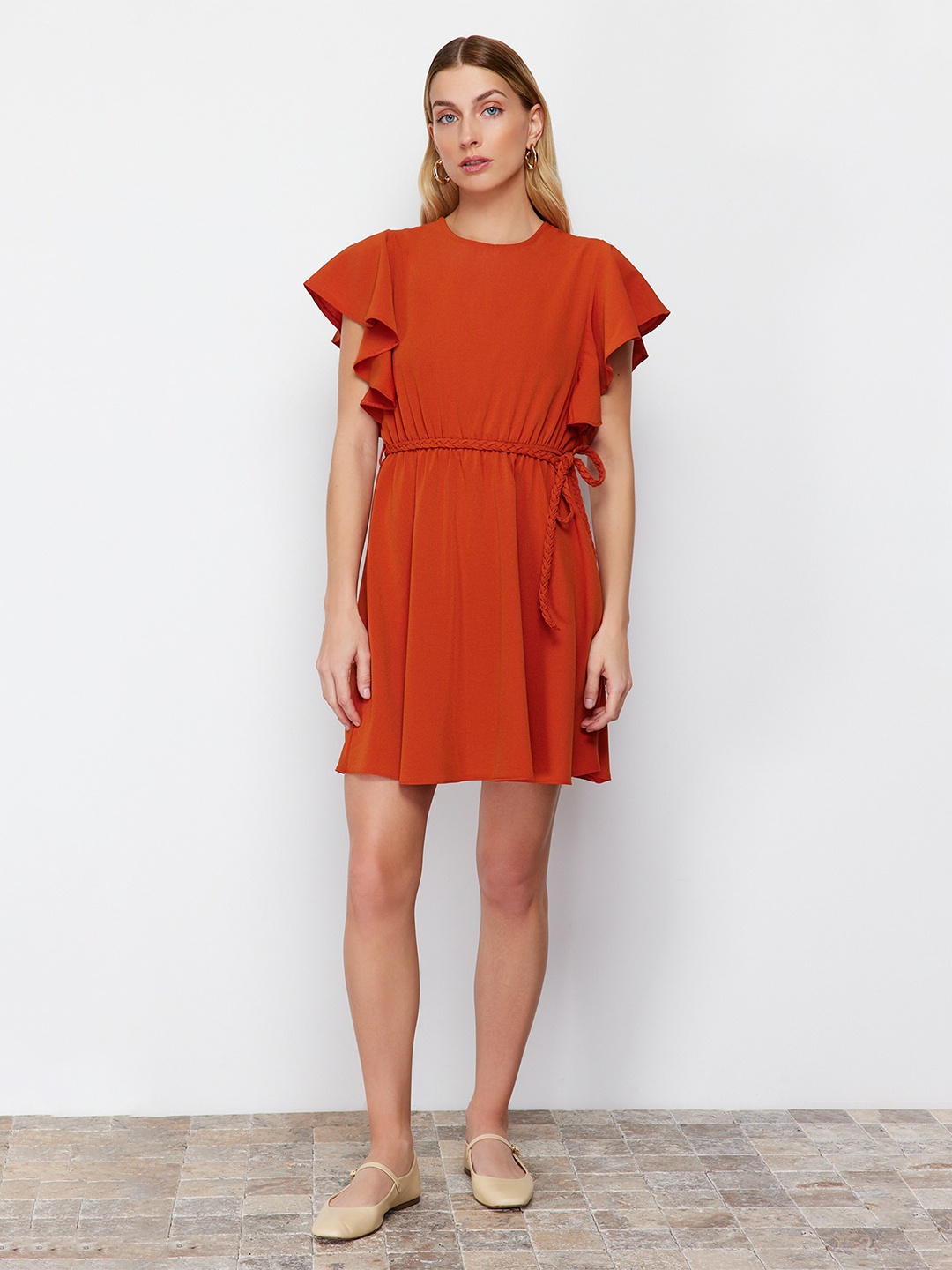 

Trendyol Round Neck Flutter Sleeve Fit & Flare Dress, Rust