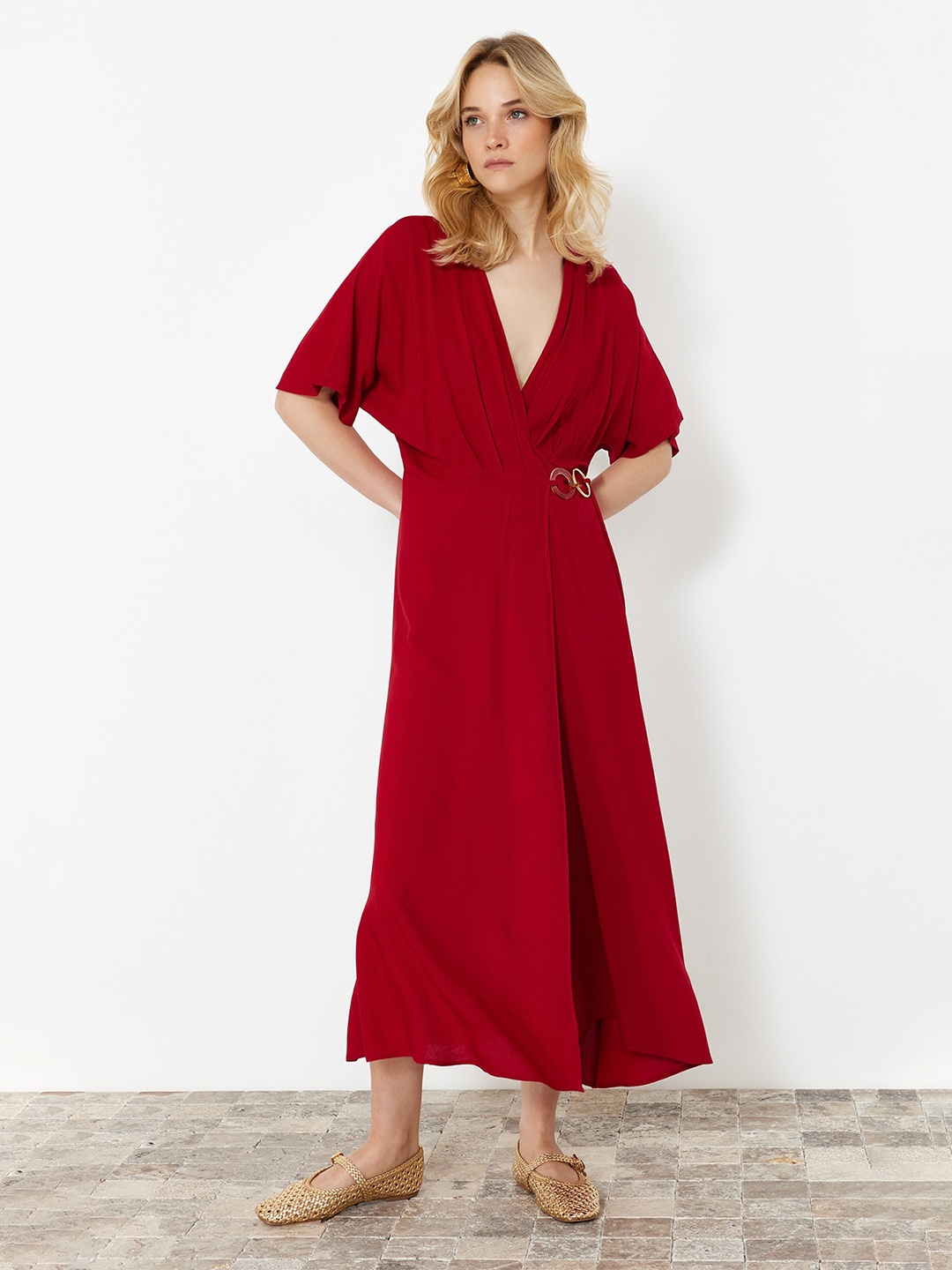 

Trendyol V-Neck Extended Sleeves Wrap Maxi Dress, Red