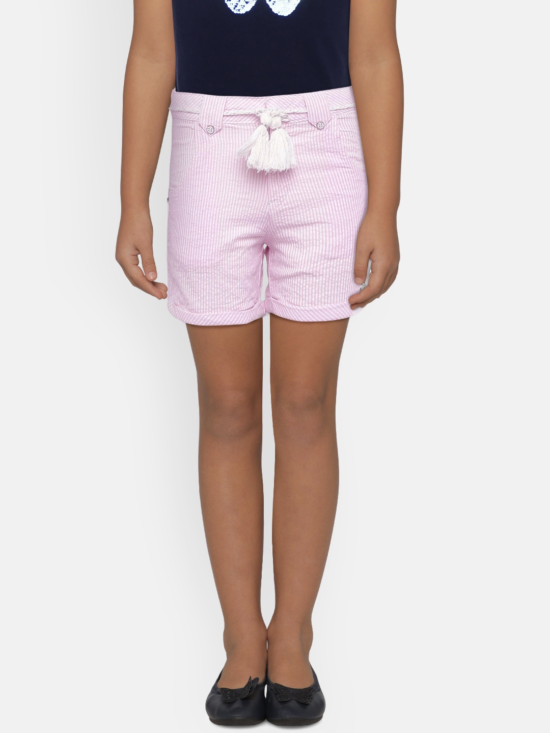 

Gini and Jony Girls White & Pink Striped Regular Shorts