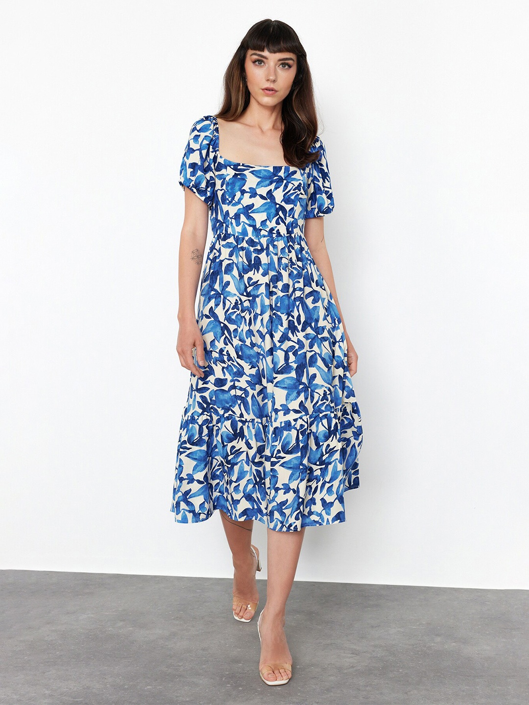 

Trendyol Floral Printed Puffed Sleeves Tiered Fit & Flare Midi Dress, Blue